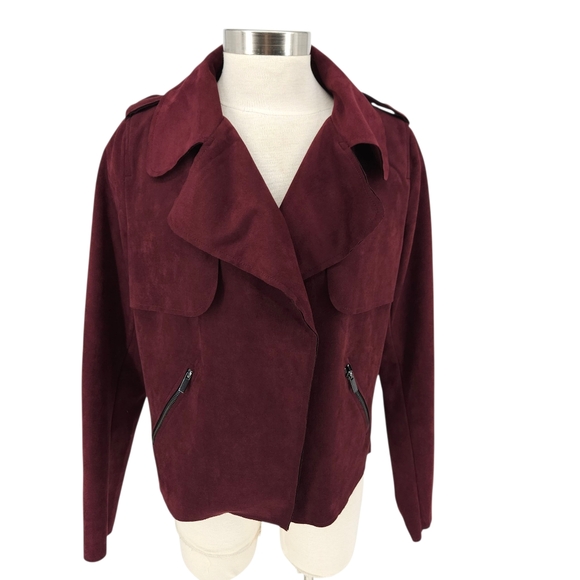 KUT From The Kloth Moto Jacket Faux Suede Burgundy Long Sleeve Open Front Large - Picture 1 of 7